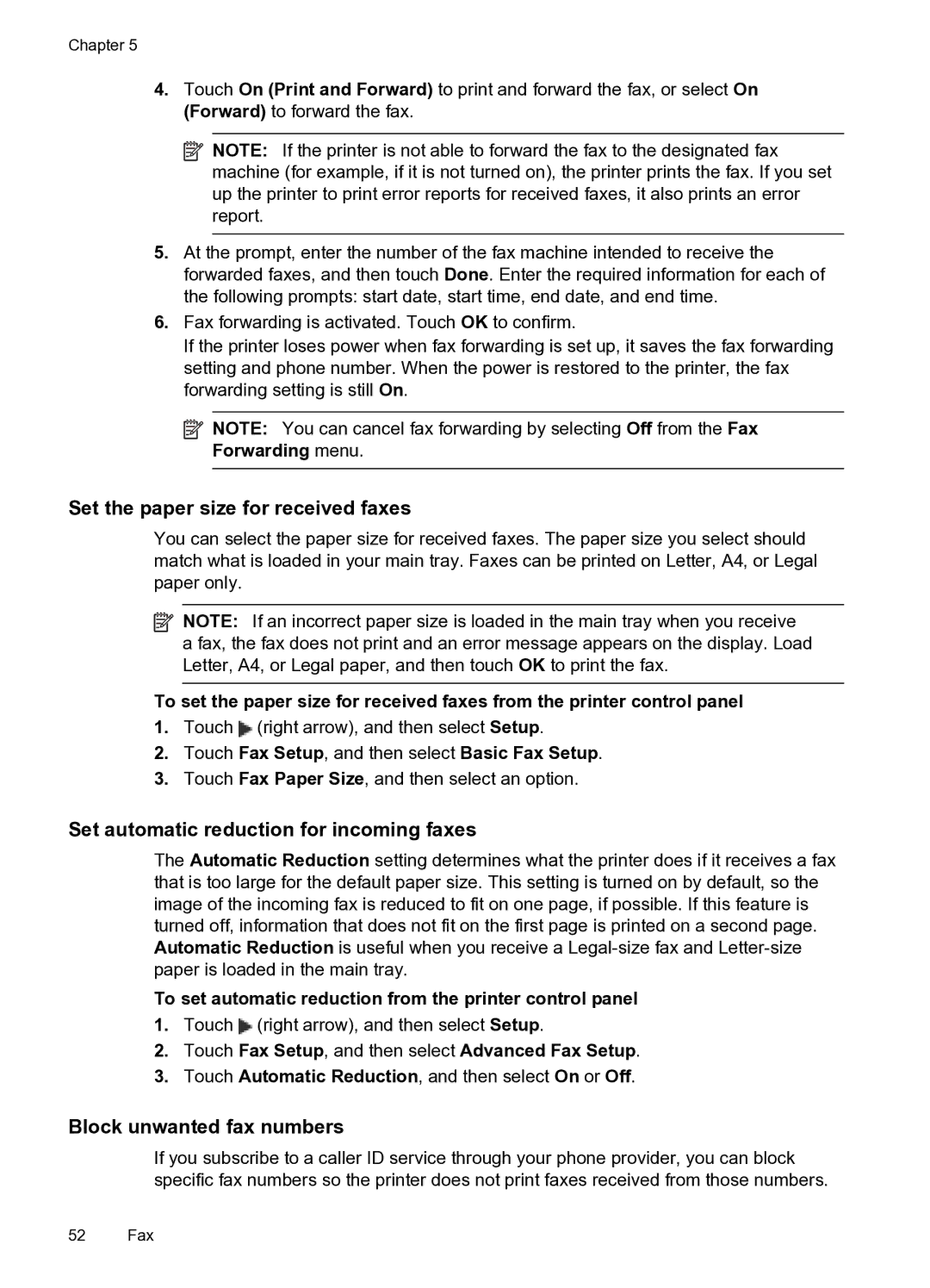 HP 6600 Set the paper size for received faxes, Set automatic reduction for incoming faxes, Block unwanted fax numbers 