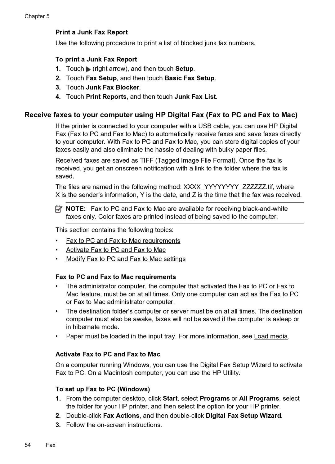 HP 6600 e- CZ155A#B1H manual Print a Junk Fax Report, To print a Junk Fax Report, Fax to PC and Fax to Mac requirements 