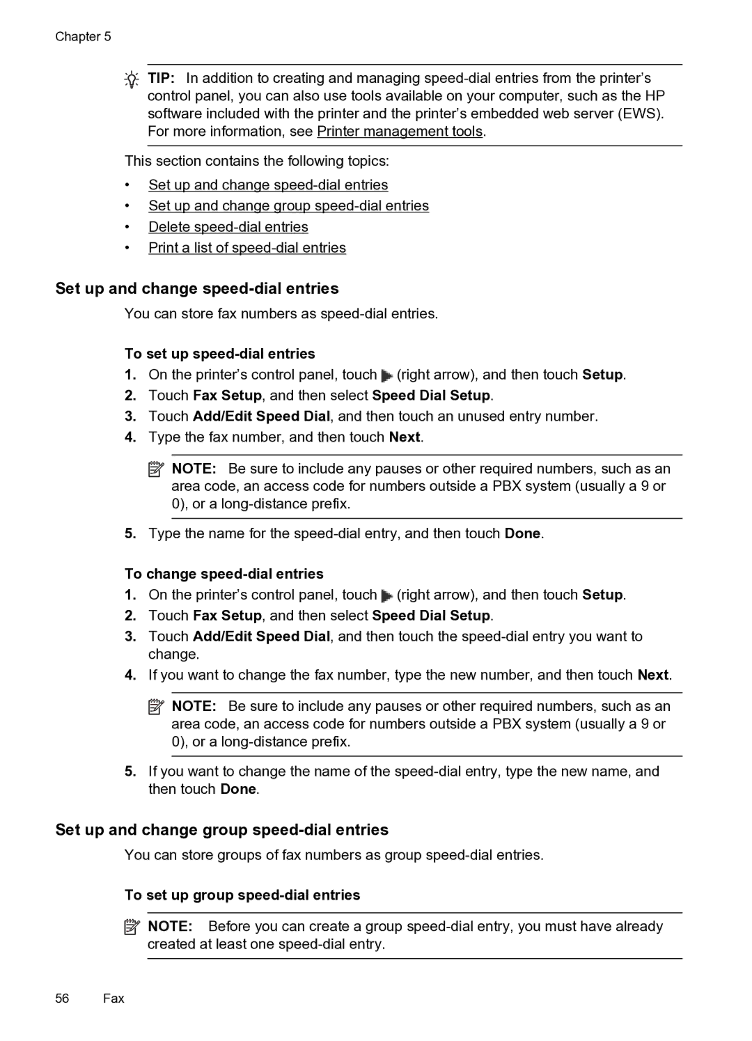 HP 6600 Set up and change speed-dial entries, Set up and change group speed-dial entries, To set up speed-dial entries 