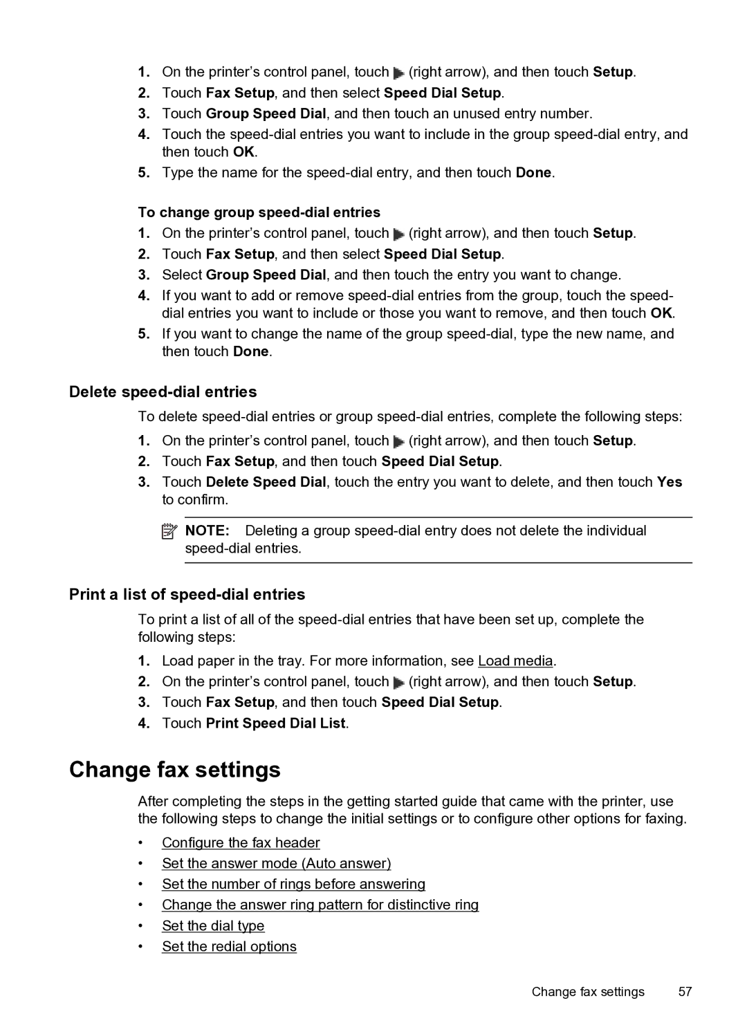 HP 6600 e- CZ155A#B1H manual Change fax settings, Delete speed-dial entries, Print a list of speed-dial entries 