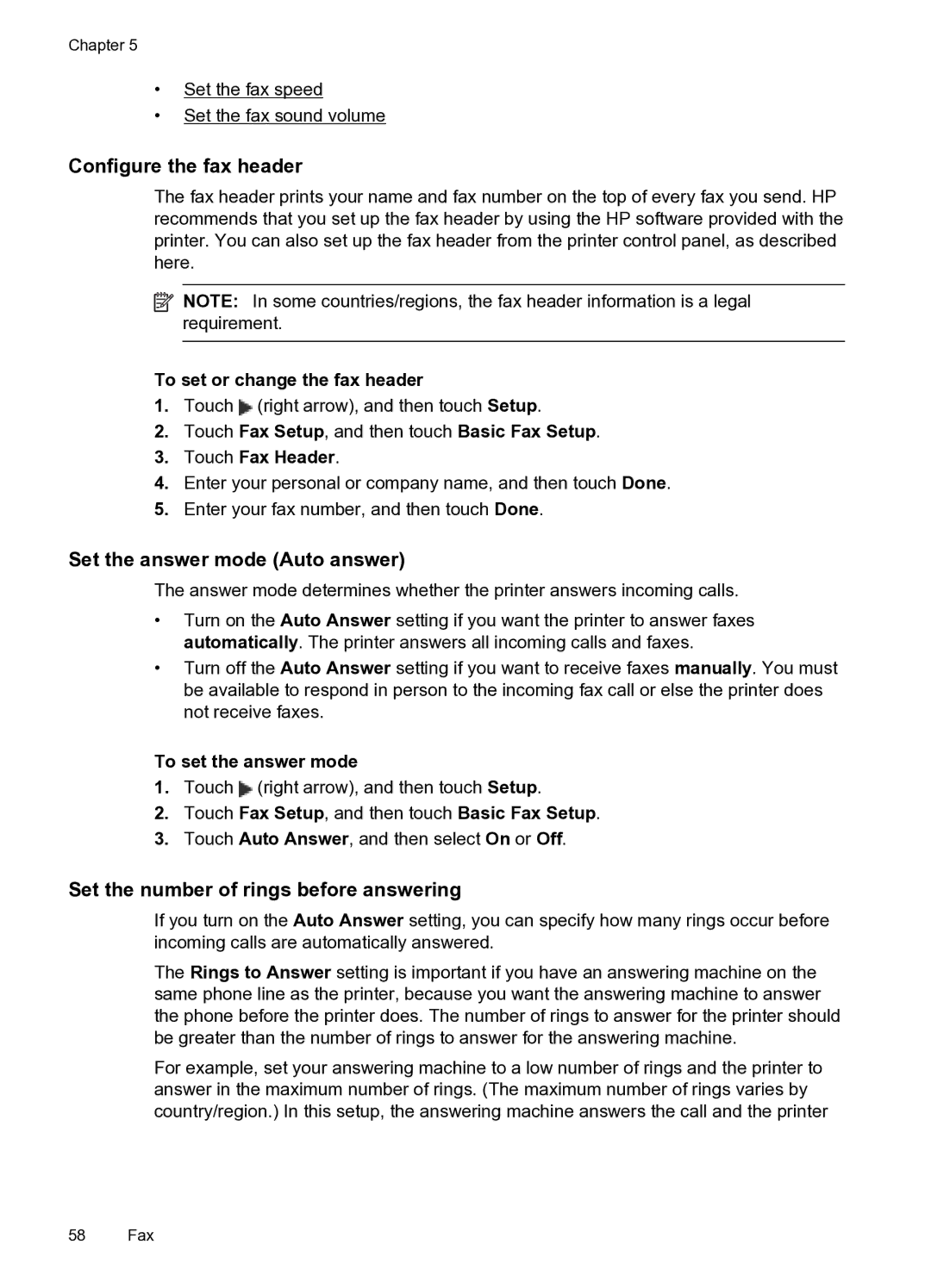 HP 6600 manual Configure the fax header, Set the answer mode Auto answer, Set the number of rings before answering 