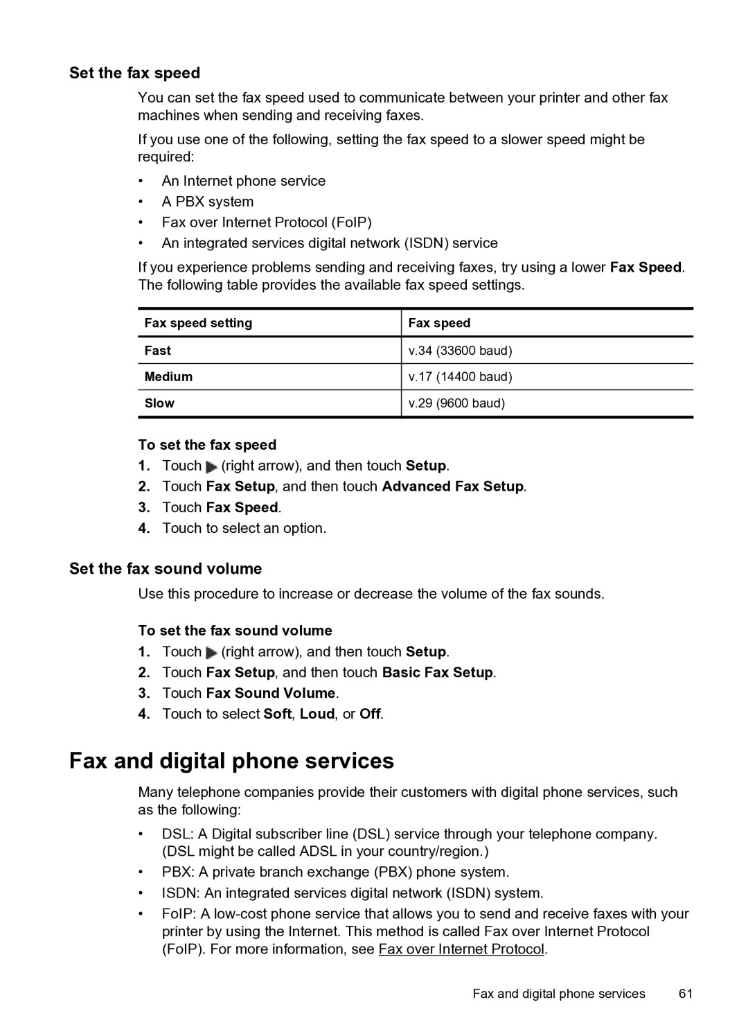 HP 6600 e- CZ155A#B1H manual Fax and digital phone services, Set the fax speed, Set the fax sound volume 