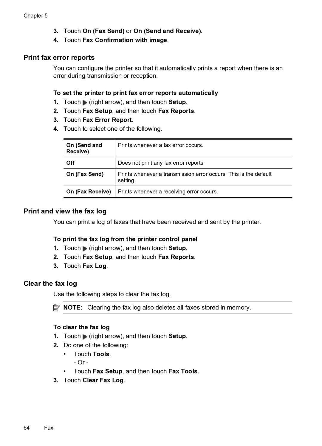 HP 6600 e- CZ155A#B1H manual Print fax error reports, Print and view the fax log, Clear the fax log 