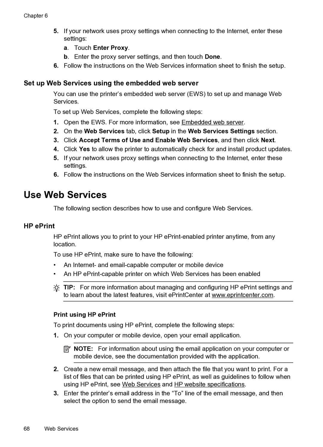 HP 6600 Use Web Services, Set up Web Services using the embedded web server, Touch Enter Proxy, Print using HP ePrint 