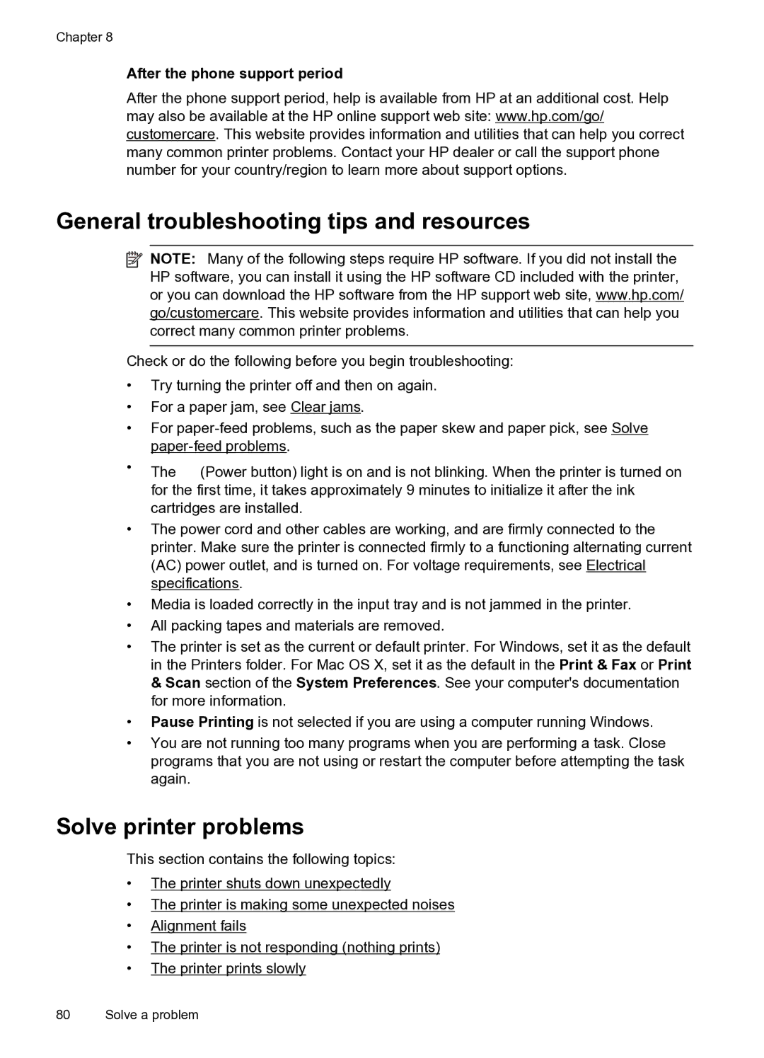 HP 6600 manual General troubleshooting tips and resources, Solve printer problems, After the phone support period 