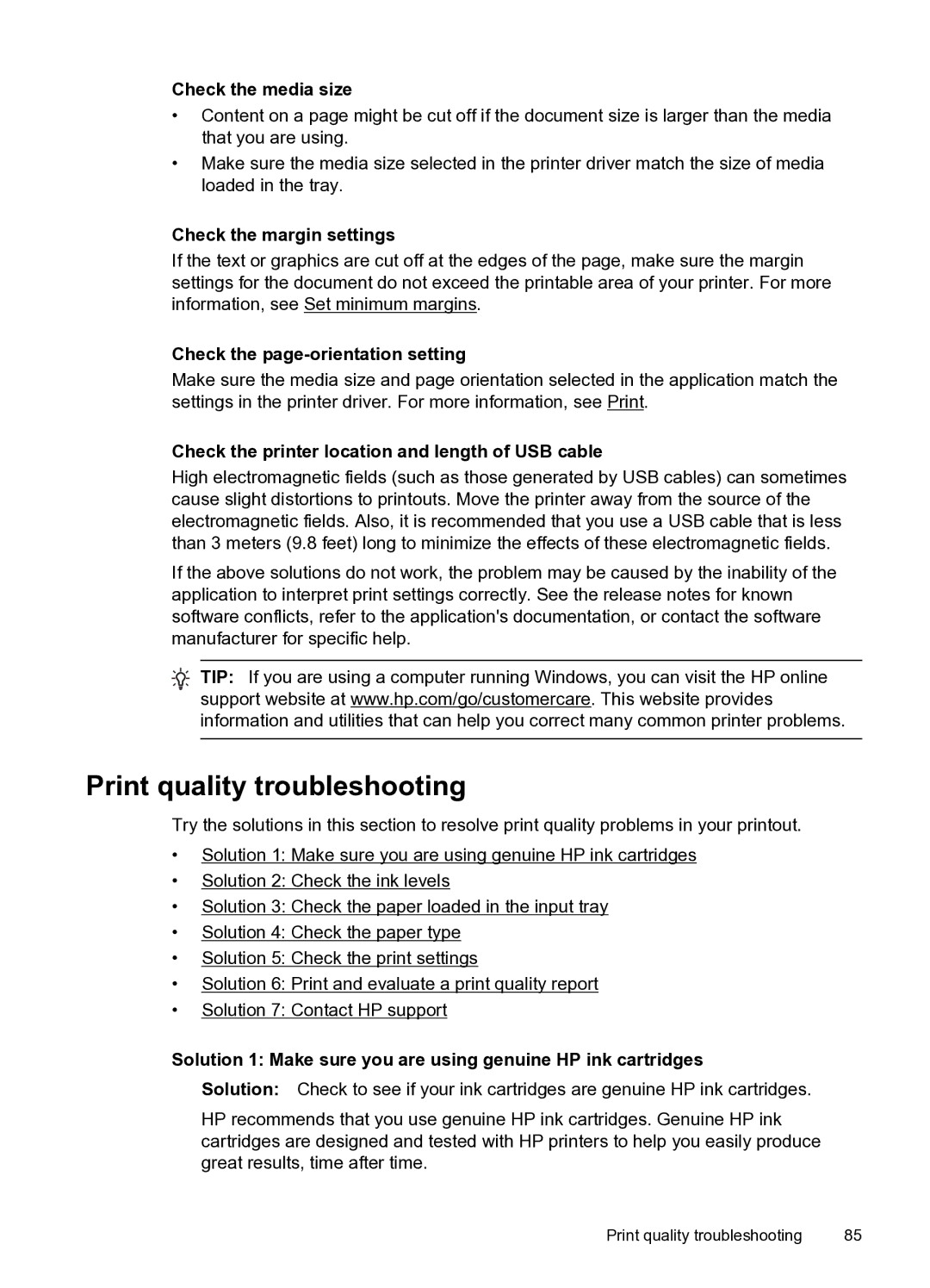 HP 6600 e- CZ155A#B1H manual Print quality troubleshooting, Check the media size, Check the page-orientation setting 