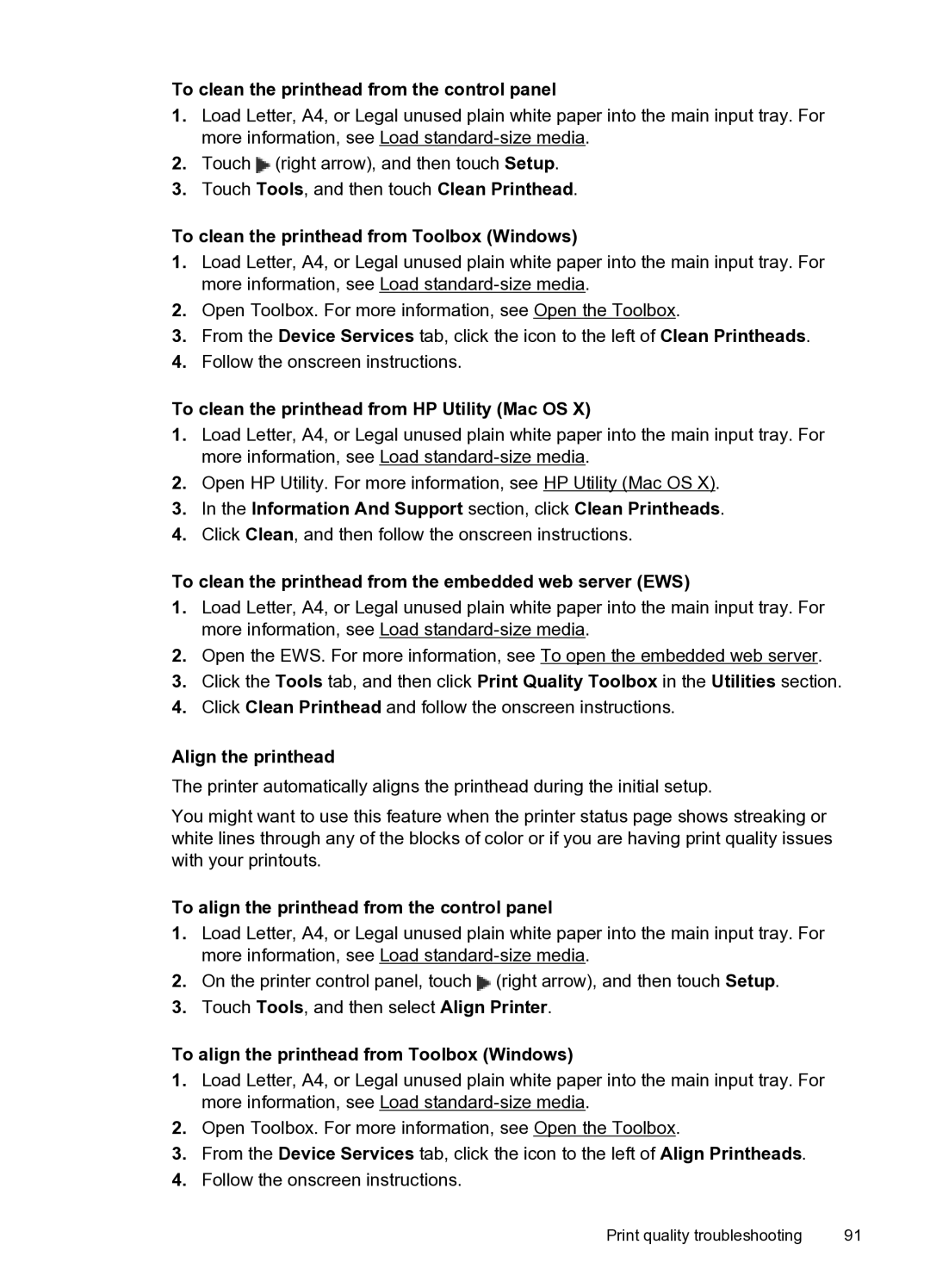 HP 6600 e- CZ155A#B1H manual To clean the printhead from the control panel, To clean the printhead from Toolbox Windows 