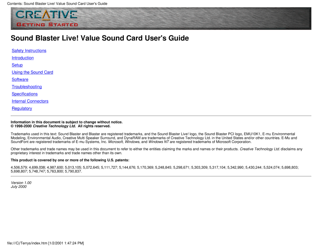 HP 6618 (AP), 6619 (AP), 8772c (US/CAN), 9734 (AP) manual Sound Blaster Live! Value Sound Card Users Guide, Version July 