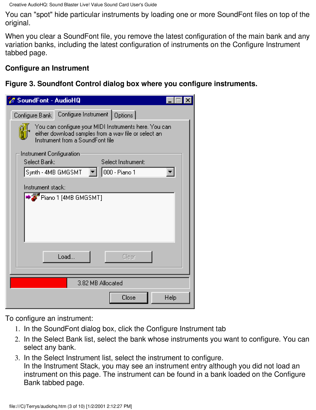 HP 8772c (US/CAN), 6619 (AP) manual Configure an Instrument, Soundfont Control dialog box where you configure instruments 