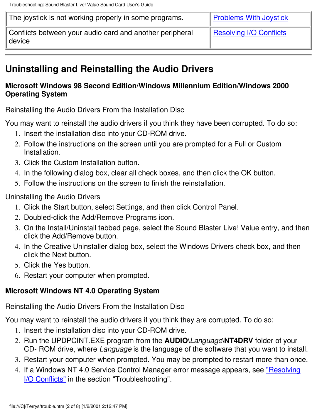 HP 8772c (US/CAN), 6619 (AP) Uninstalling and Reinstalling the Audio Drivers, Microsoft Windows NT 4.0 Operating System 