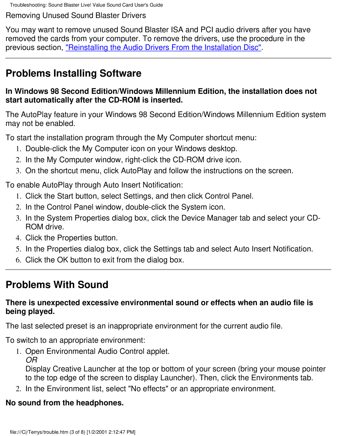 HP 8770c (US/CAN), 6619 (AP), 6618 (AP) Problems Installing Software, Problems With Sound, No sound from the headphones 