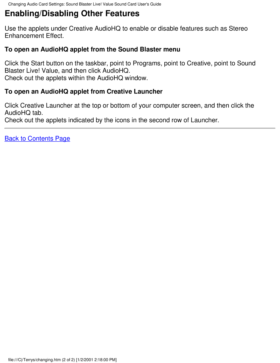 HP 8772c (US/CAN), 6619 (AP) manual Enabling/Disabling Other Features, To open an AudioHQ applet from the Sound Blaster menu 