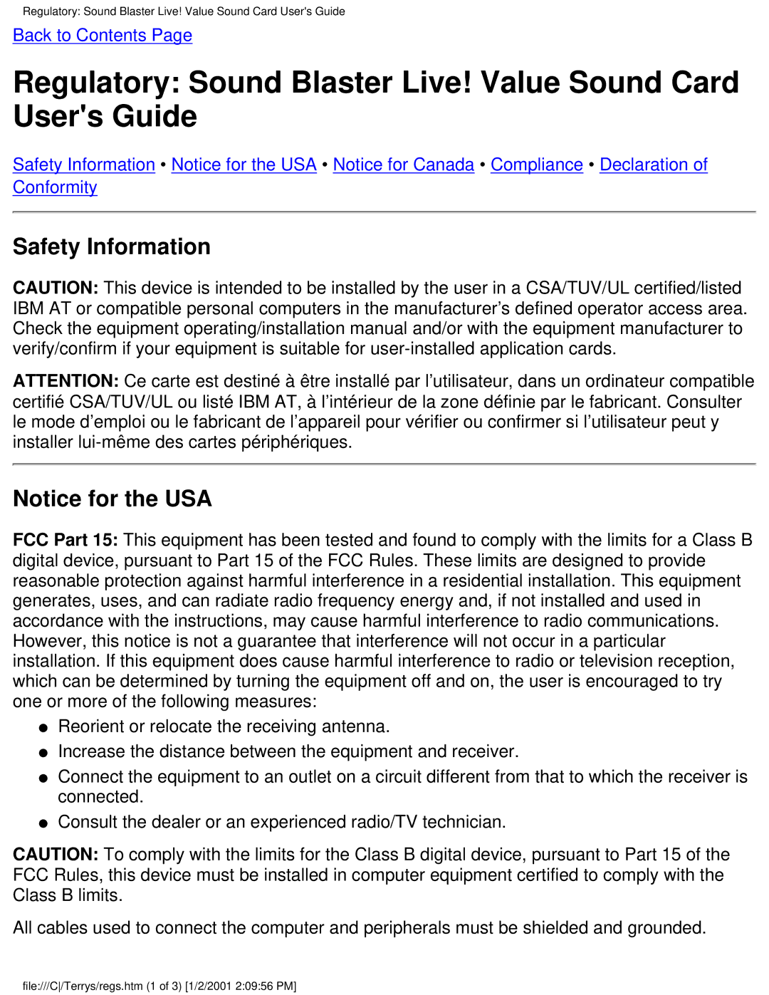 HP 9790c (US/CAN), 6619 (AP), 6618 (AP) Regulatory Sound Blaster Live! Value Sound Card Users Guide, Safety Information 