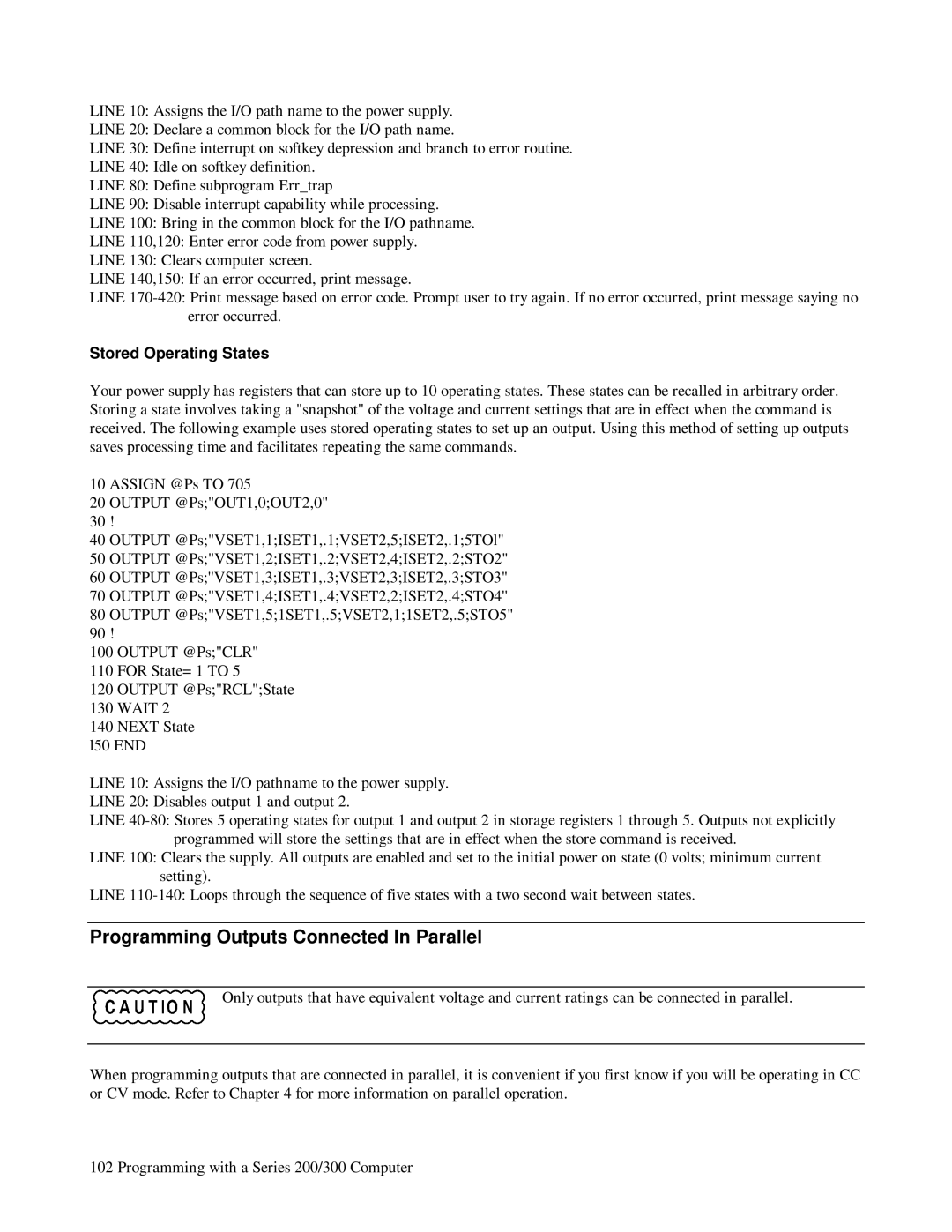 HP 6623A, 6624A, 6621A manual Programming Outputs Connected In Parallel, Stored Operating States 