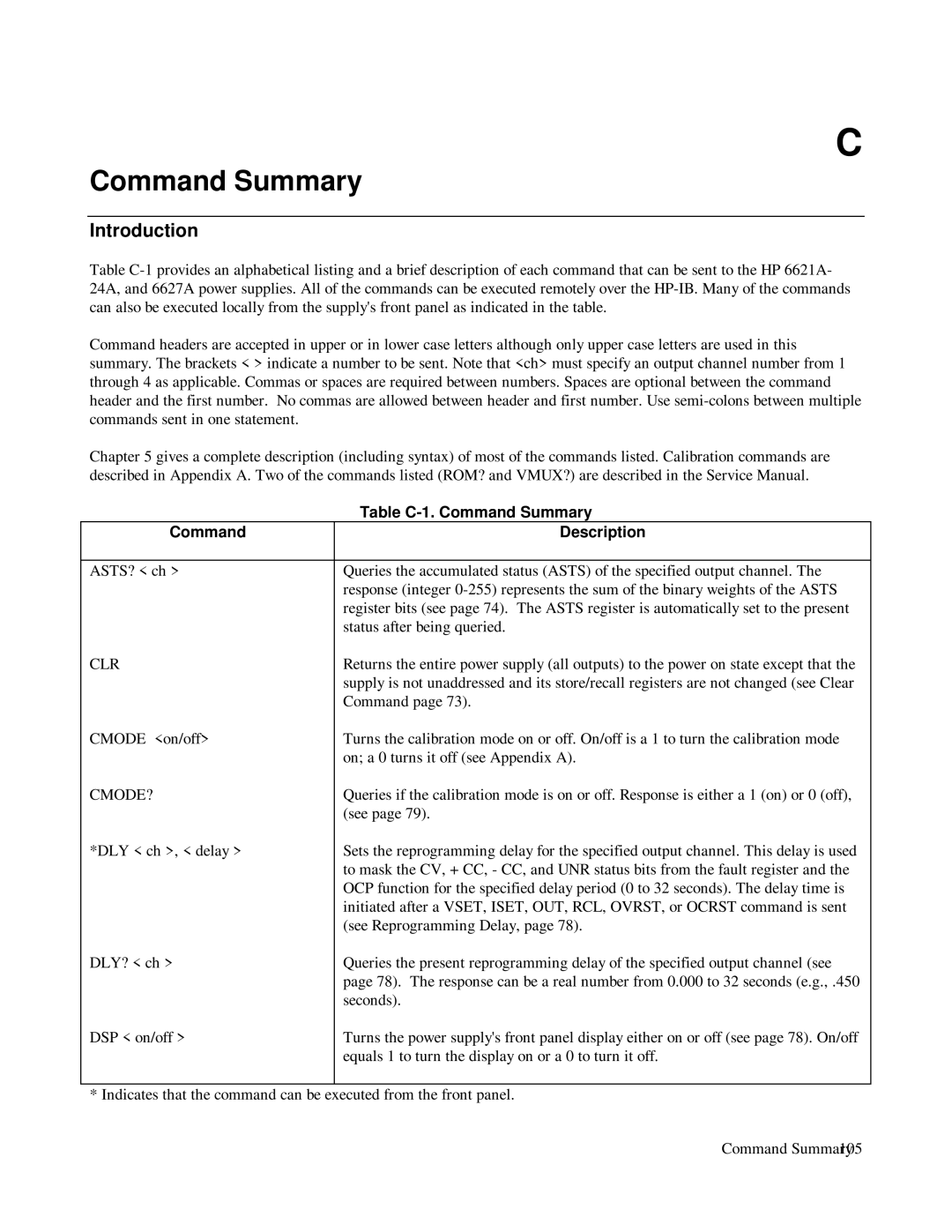 HP 6623A, 6624A, 6621A manual Table C-1. Command Summary, Command Description 