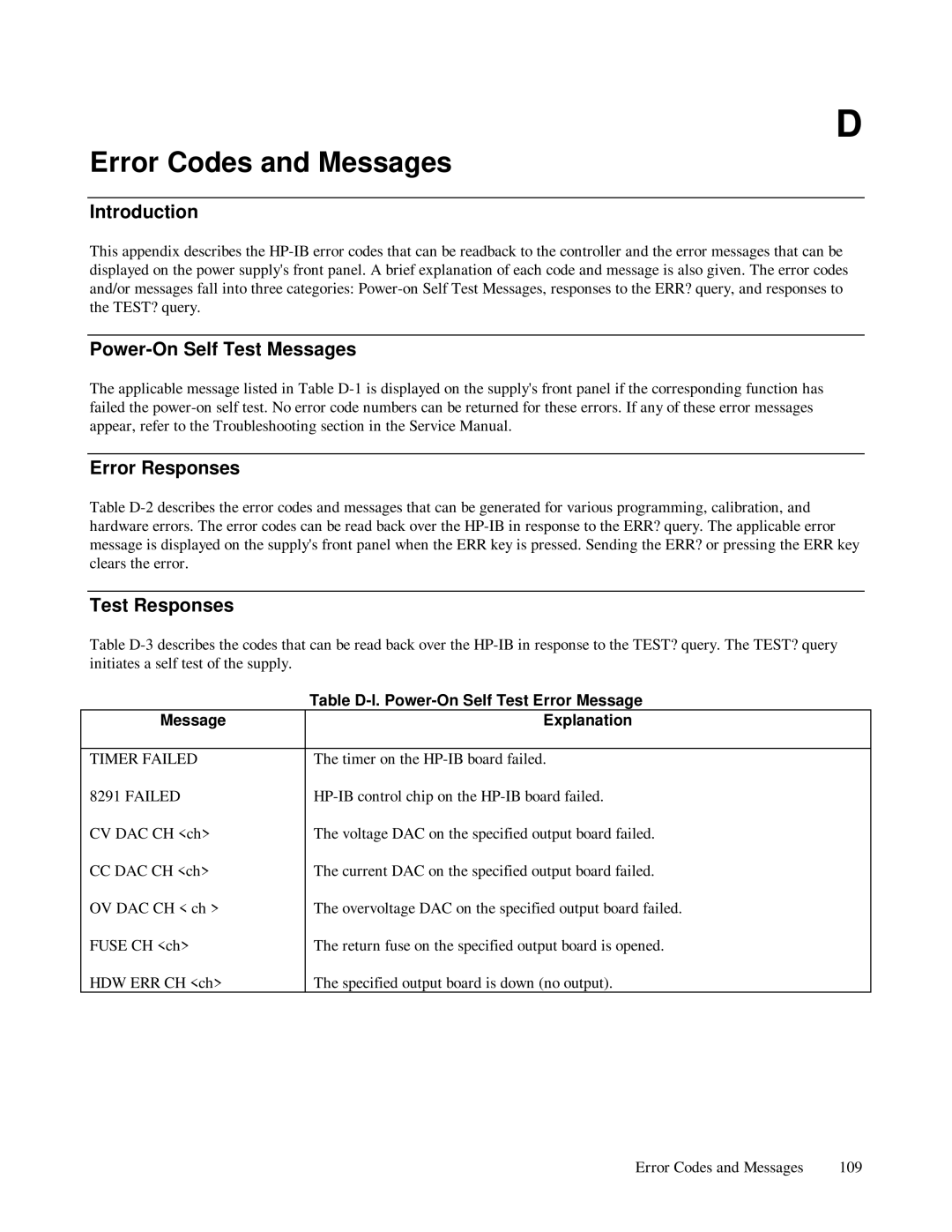 HP 6624A, 6623A Error Codes and Messages, Power-On Self Test Messages Error Responses, Test Responses, Message Explanation 