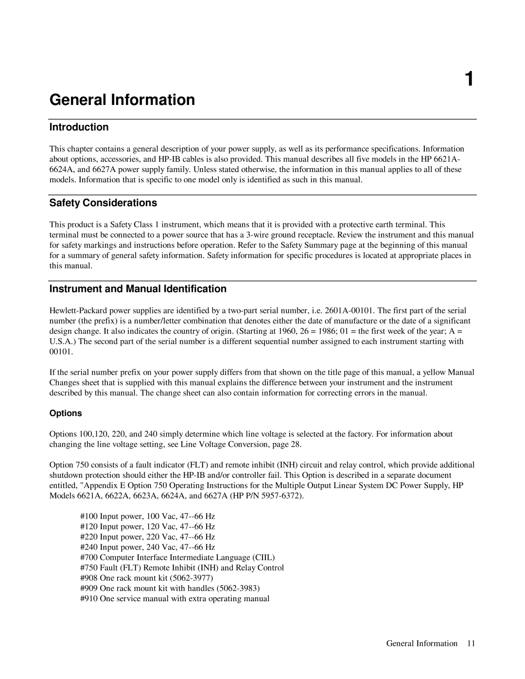 HP 6621A, 6623A General Information, Introduction, Safety Considerations, Instrument and Manual Identification, Options 