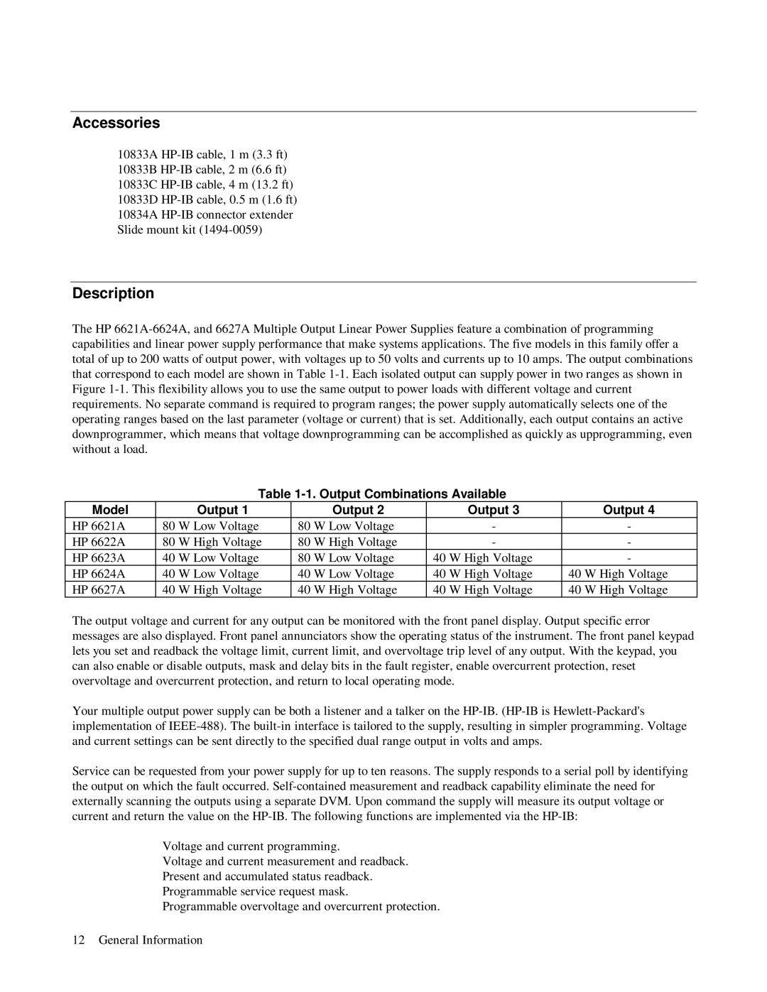 HP 6623A, 6624A, 6621A manual Accessories, Description, Output Combinations Available Model 