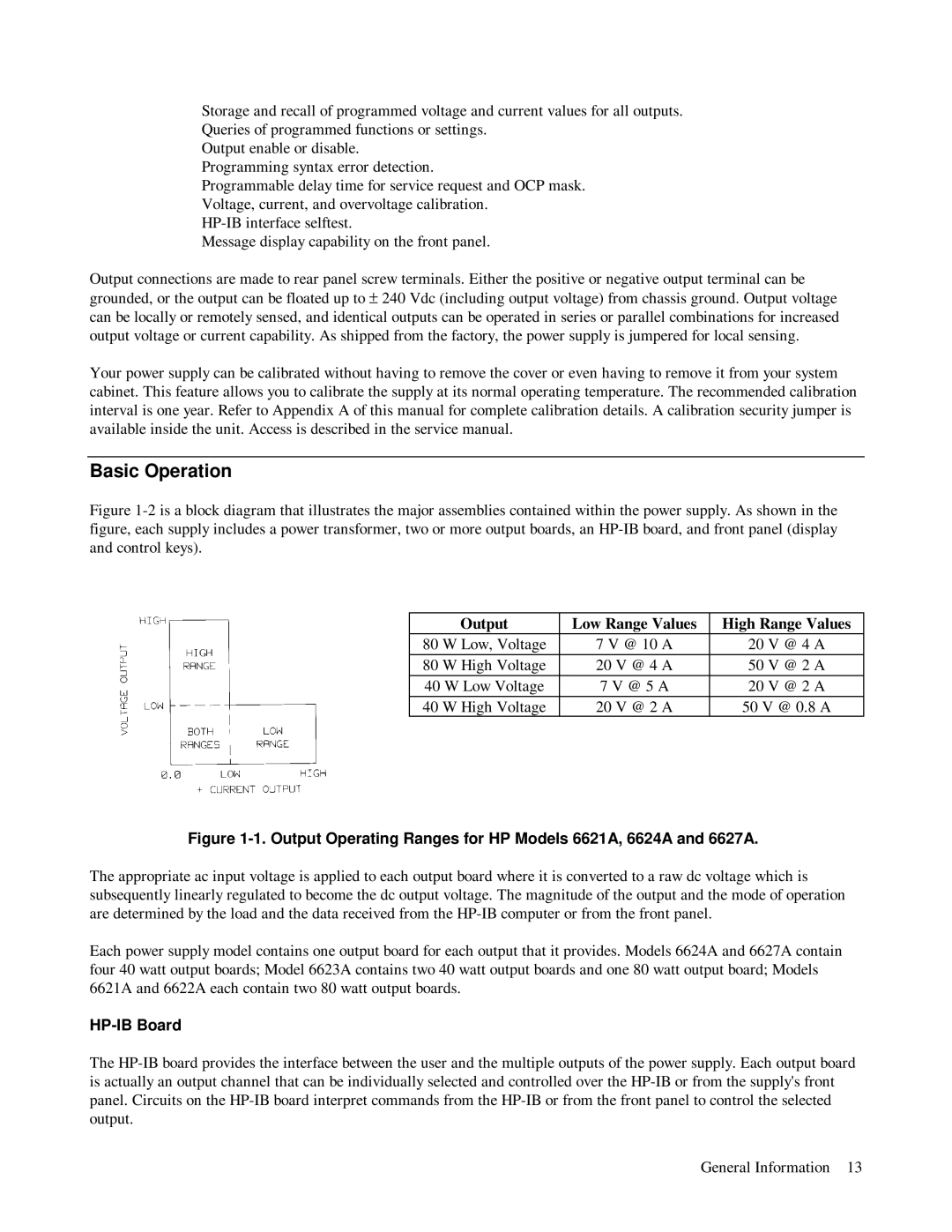 HP 6624A, 6623A, 6621A manual Basic Operation, Output Low Range Values High Range Values, HP-IB Board 