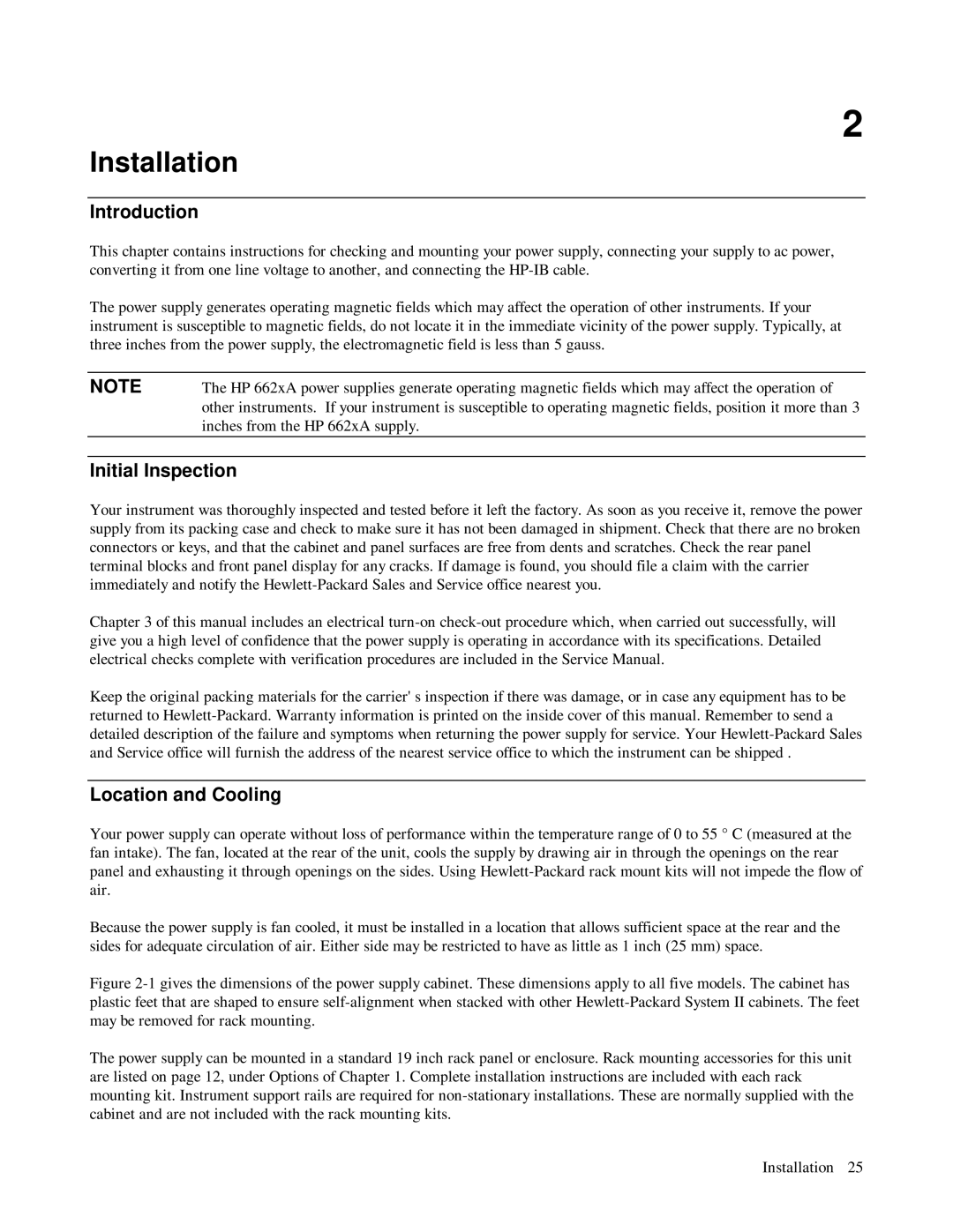 HP 6624A, 6623A, 6621A manual Installation, Initial Inspection, Location and Cooling 