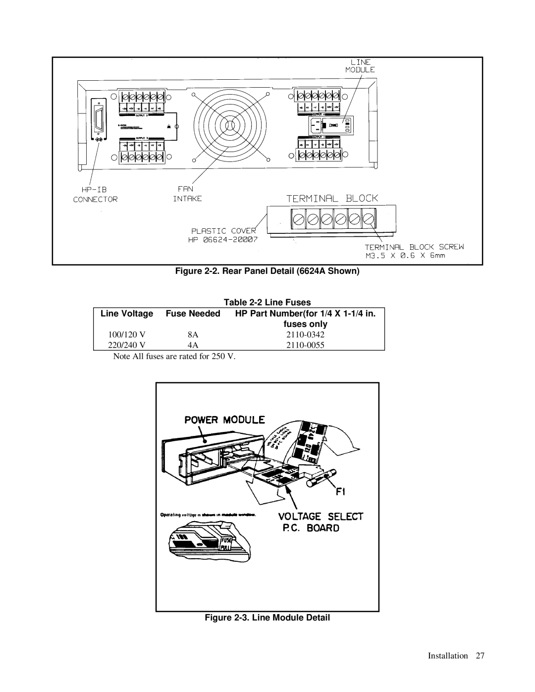 HP 6623A, 6624A, 6621A manual Line Fuses, 100/120 2110-0342 220/240 2110-0055 