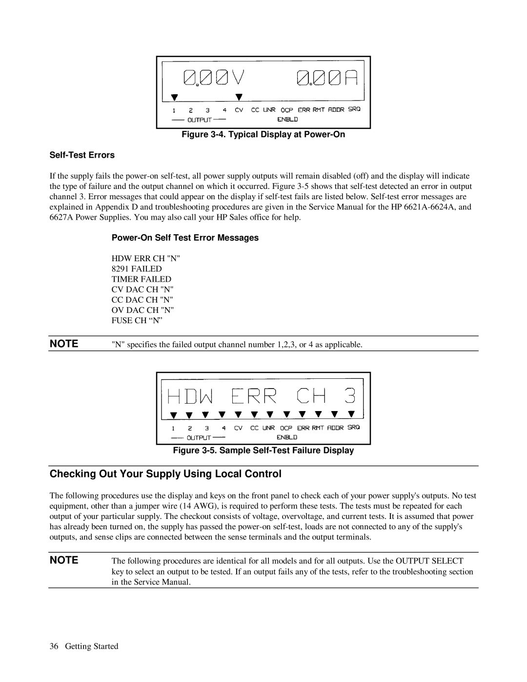 HP 6623A, 6624A, 6621A manual Checking Out Your Supply Using Local Control, Sample Self-Test Failure Display 