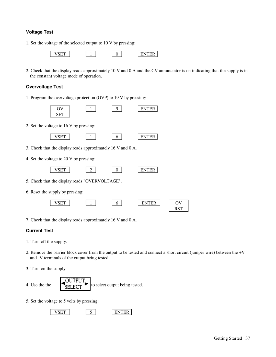 HP 6624A, 6623A, 6621A manual Voltage Test, Overvoltage Test, Current Test 