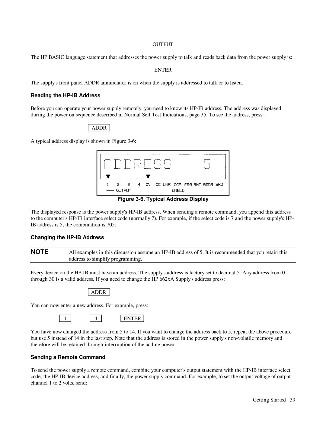 HP 6623A, 6624A, 6621A manual Output, Reading the HP-IB Address, Changing the HP-IB Address, Sending a Remote Command 