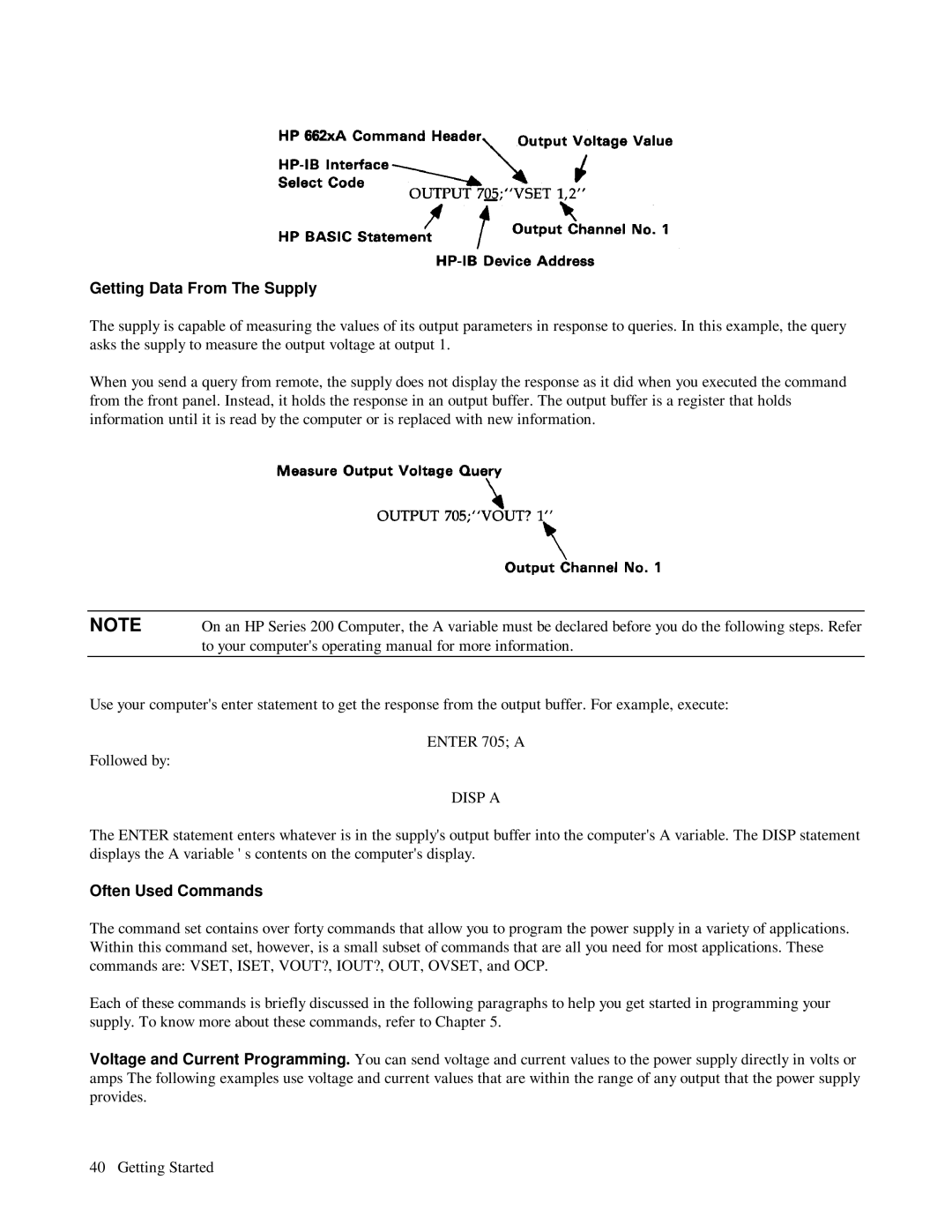 HP 6624A, 6623A, 6621A manual Getting Data From The Supply, Disp a, Often Used Commands 