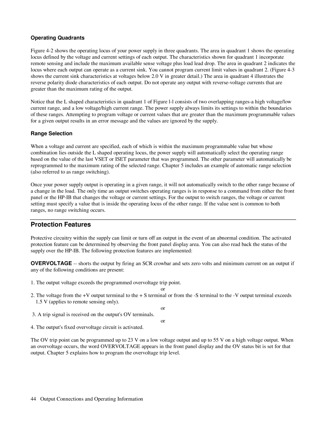 HP 6621A, 6623A, 6624A manual Protection Features, Operating Quadrants, Range Selection 