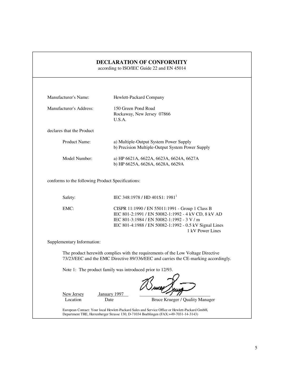 HP 6621A, 6623A, 6624A manual Declaration of Conformity, Emc 