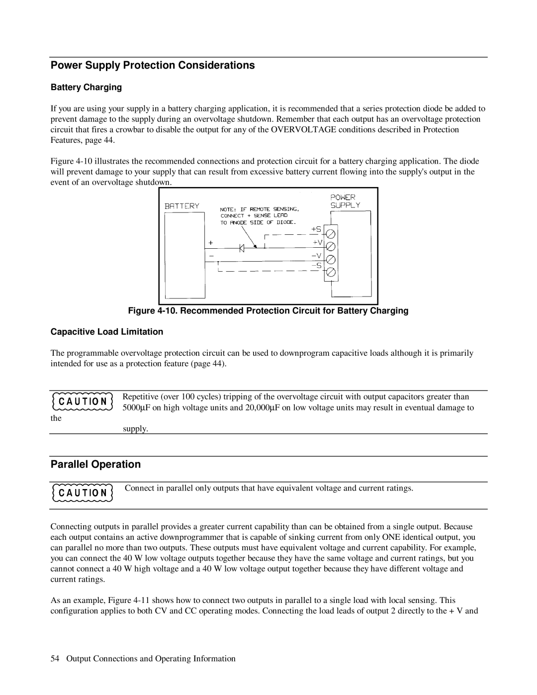 HP 6623A, 6624A, 6621A manual Power Supply Protection Considerations, Parallel Operation, Battery Charging 