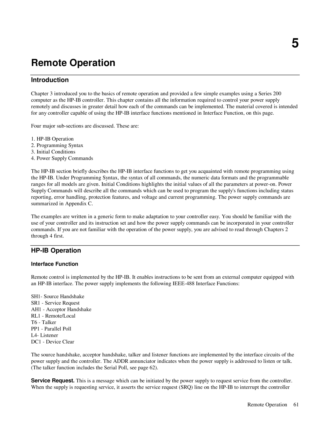 HP 6624A, 6623A, 6621A manual Remote Operation, HP-IB Operation, Interface Function 