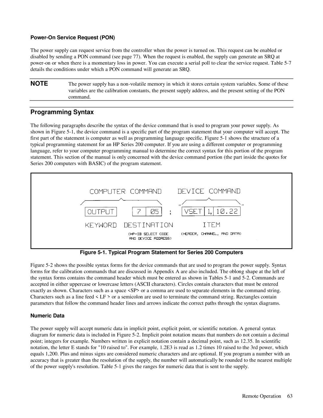 HP 6623A, 6624A, 6621A manual Programming Syntax, Power-On Service Request PON, Numeric Data 