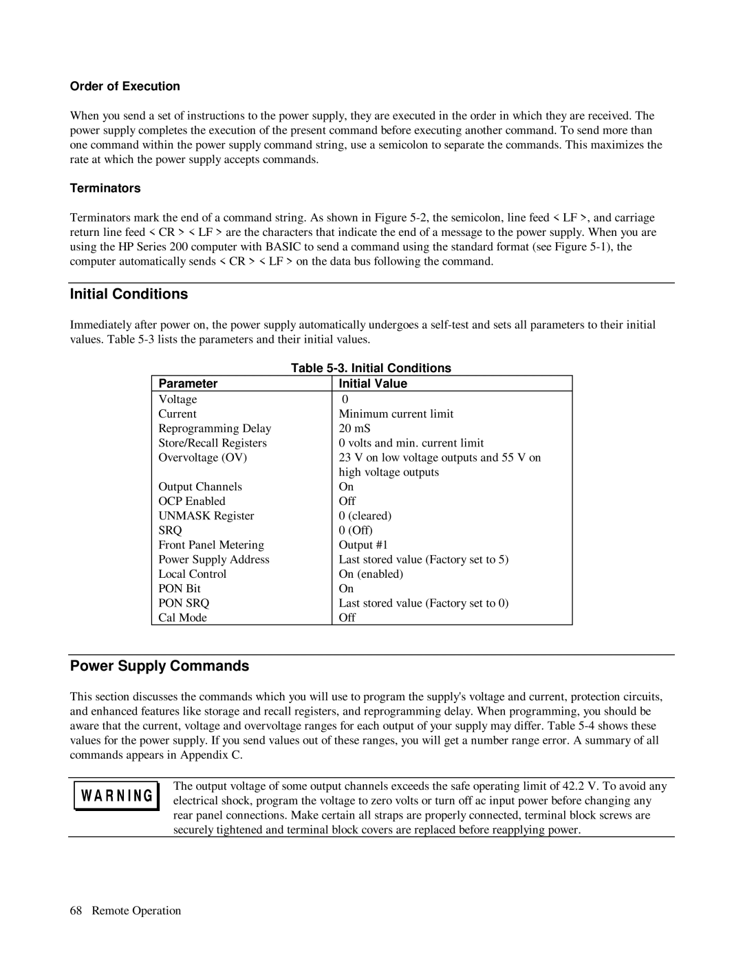 HP 6621A, 6623A, 6624A manual Initial Conditions, Power Supply Commands 