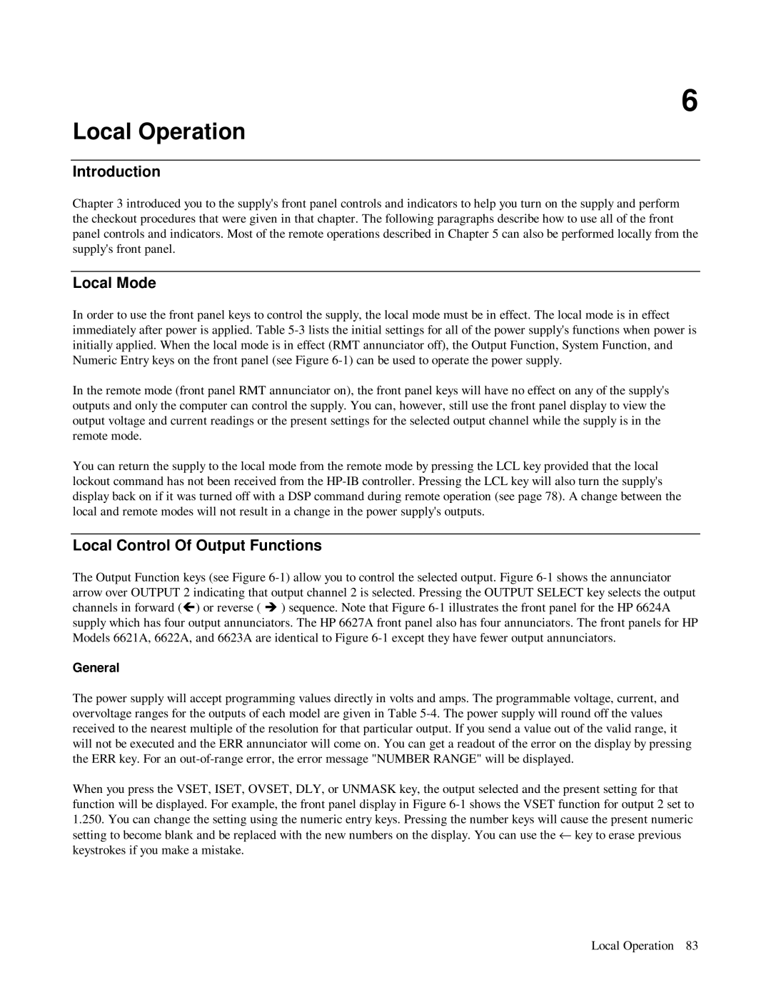 HP 6621A, 6623A, 6624A manual Local Operation, Local Mode, Local Control Of Output Functions, General 