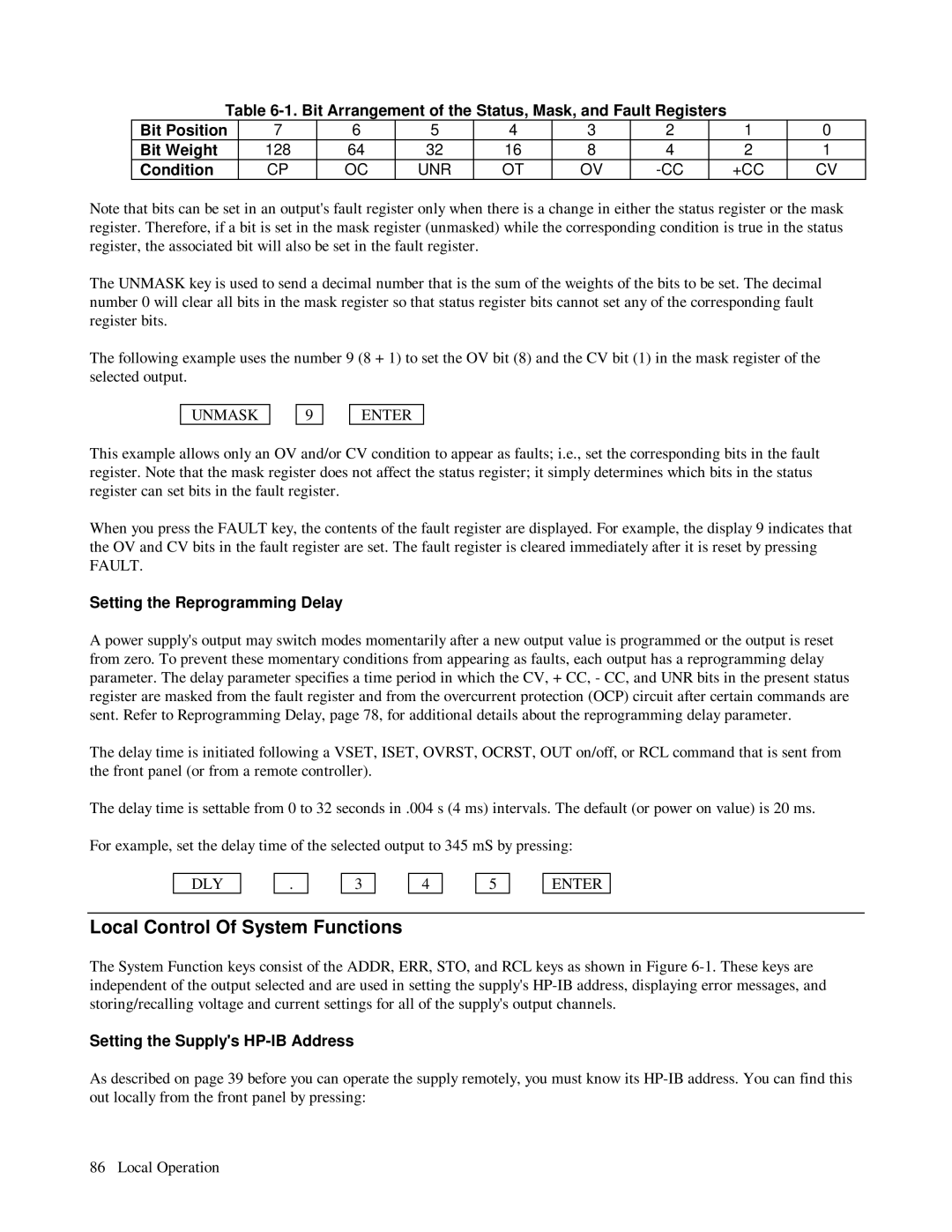 HP 6621A Local Control Of System Functions, Condition, Setting the Reprogramming Delay, Setting the Supplys HP-IB Address 