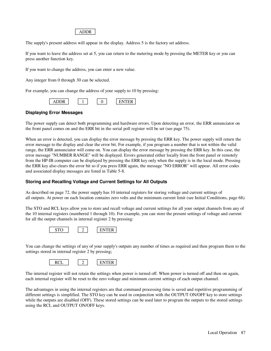 HP 6623A, 6624A, 6621A manual Addr Enter, Displaying Error Messages, STO Enter, RCL Enter 