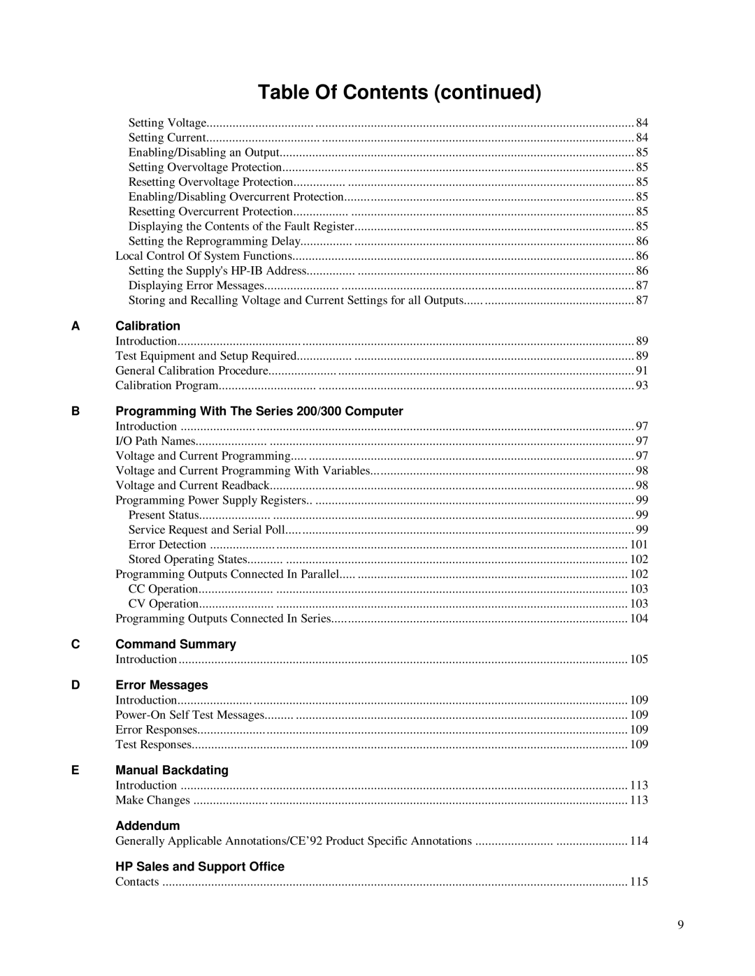 HP 6623A Calibration, Programming With The Series 200/300 Computer, Command Summary, Error Messages, Manual Backdating 