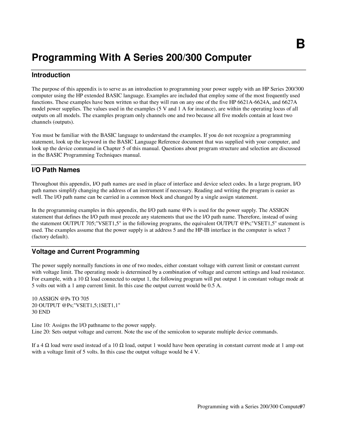 HP 6624A, 6623A, 6621A manual Programming With a Series 200/300 Computer, Path Names, Voltage and Current Programming 