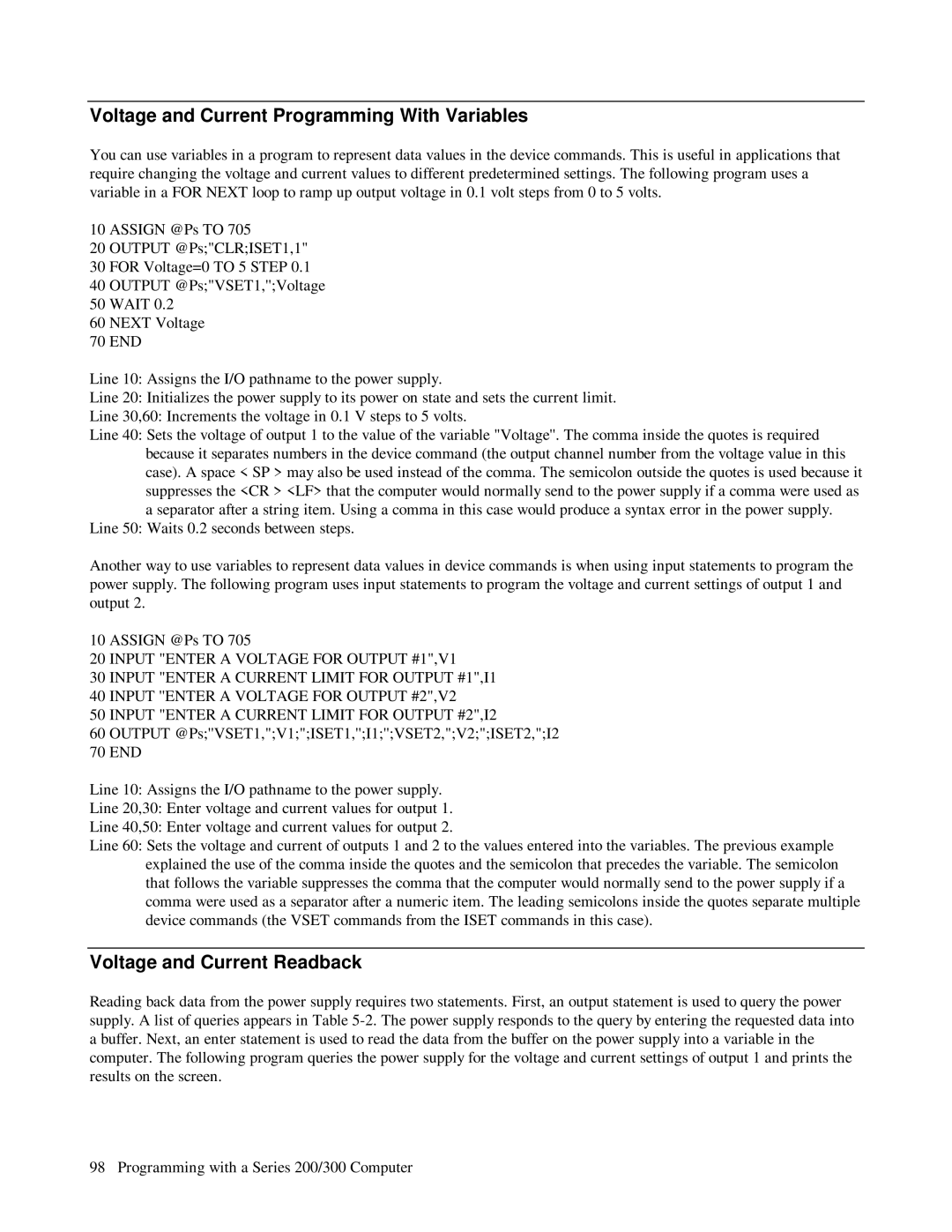 HP 6621A, 6623A, 6624A manual Voltage and Current Programming With Variables, Voltage and Current Readback 