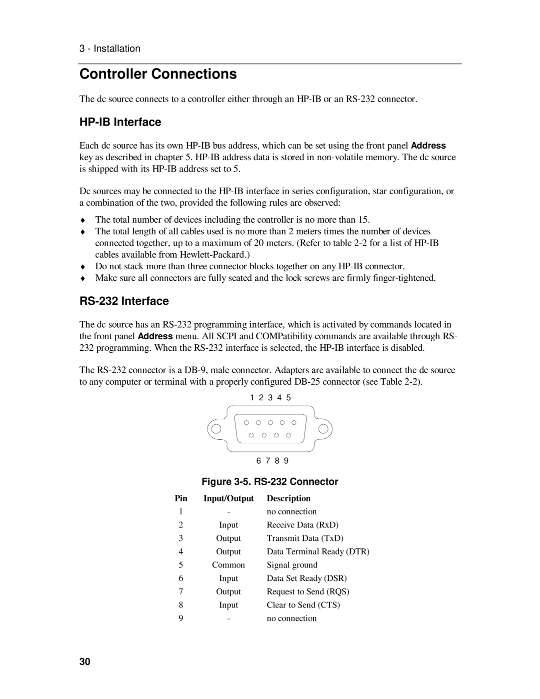 HP 6631B, 6633B, 6632B, 6634B manual Controller Connections, HP-IB Interface, RS-232 Interface, Pin Input/Output Description 