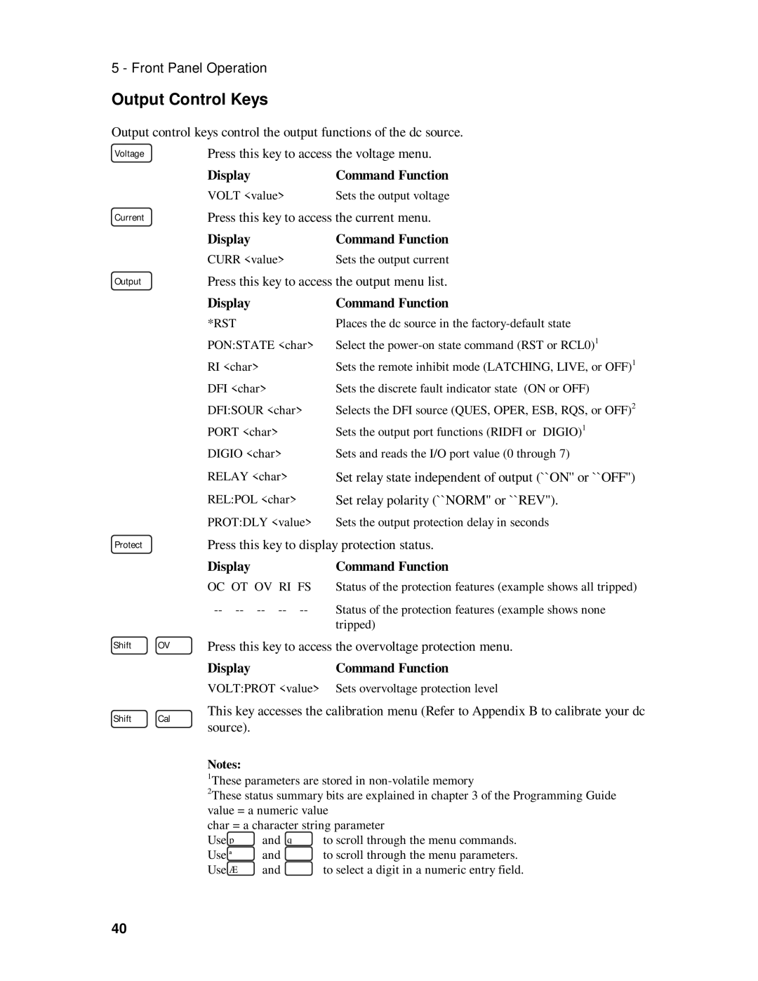 HP 6633B, 6632B, 6631B, 6634B manual Output Control Keys, Rst, Oc Ot Ov Ri Fs, Voltprot value 