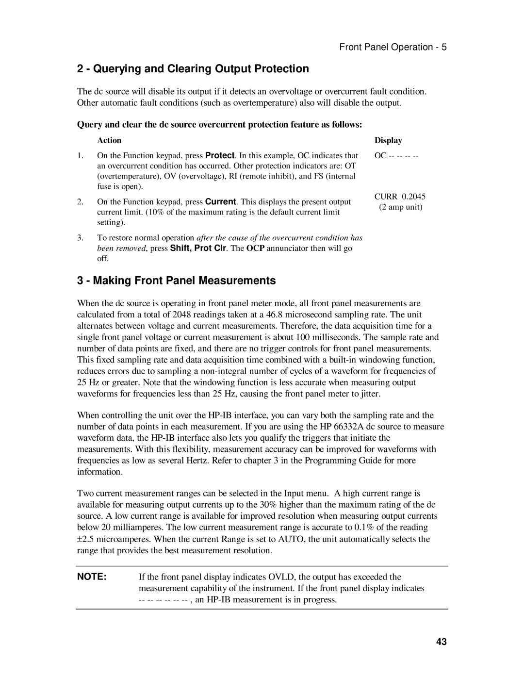 HP 6634B, 6633B, 6632B, 6631B manual Querying and Clearing Output Protection, Making Front Panel Measurements, Action 