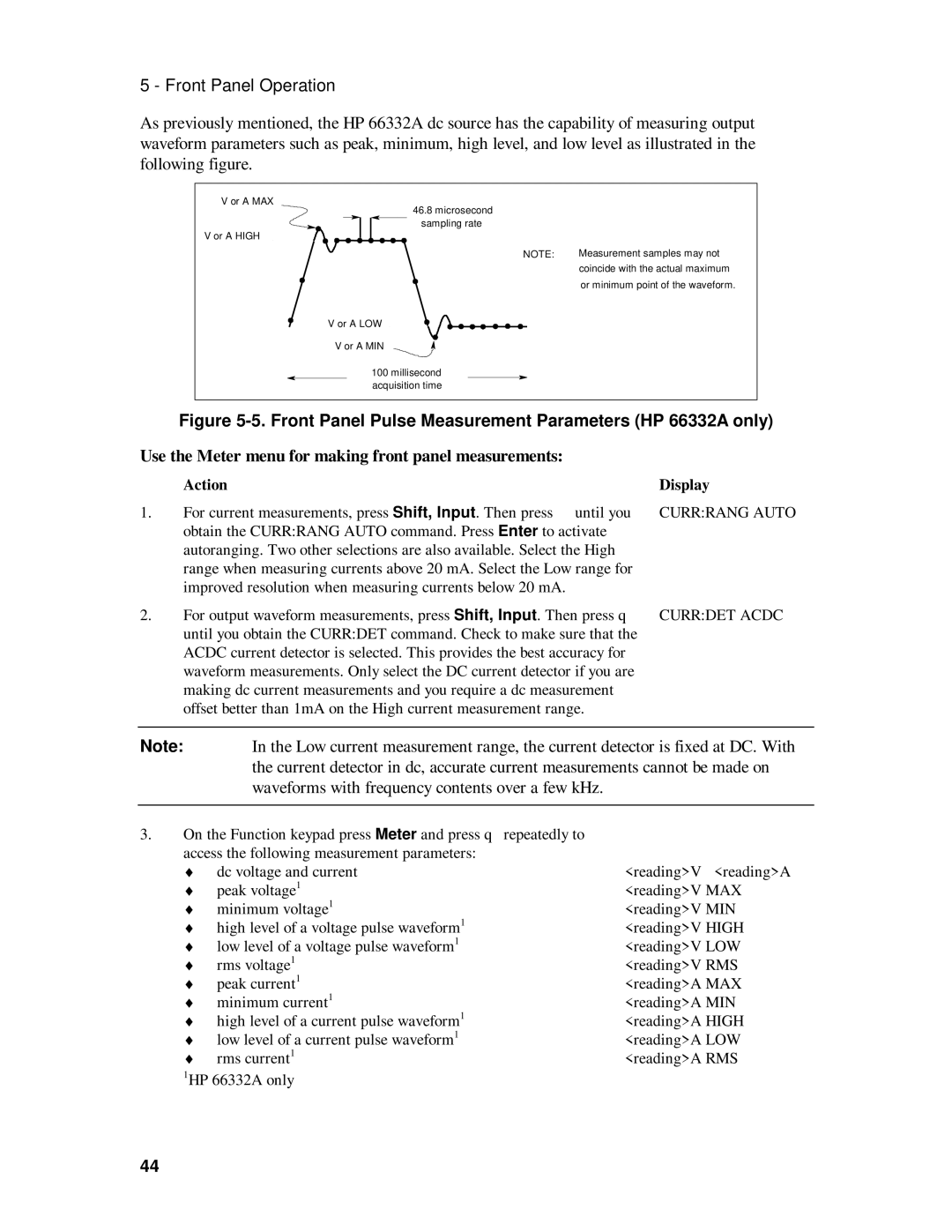 HP 6633B, 6632B, 6631B, 6634B manual Use the Meter menu for making front panel measurements, Currrang Auto, Currdet Acdc 