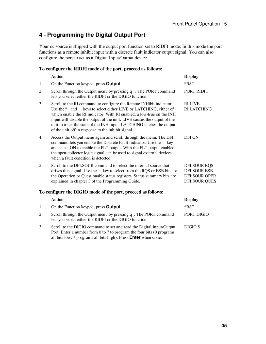 HP 6632B, 6633B, 6631B Programming the Digital Output Port, To configure the Ridfi mode of the port, proceed as follows 