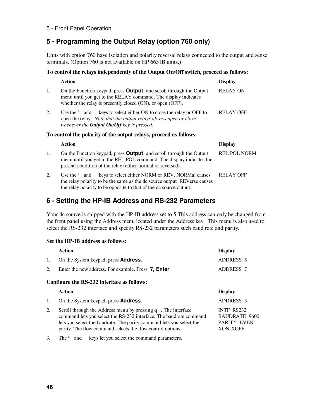 HP 6631B, 6633B, 6632B, 6634B Programming the Output Relay option 760 only, Setting the HP-IB Address and RS-232 Parameters 