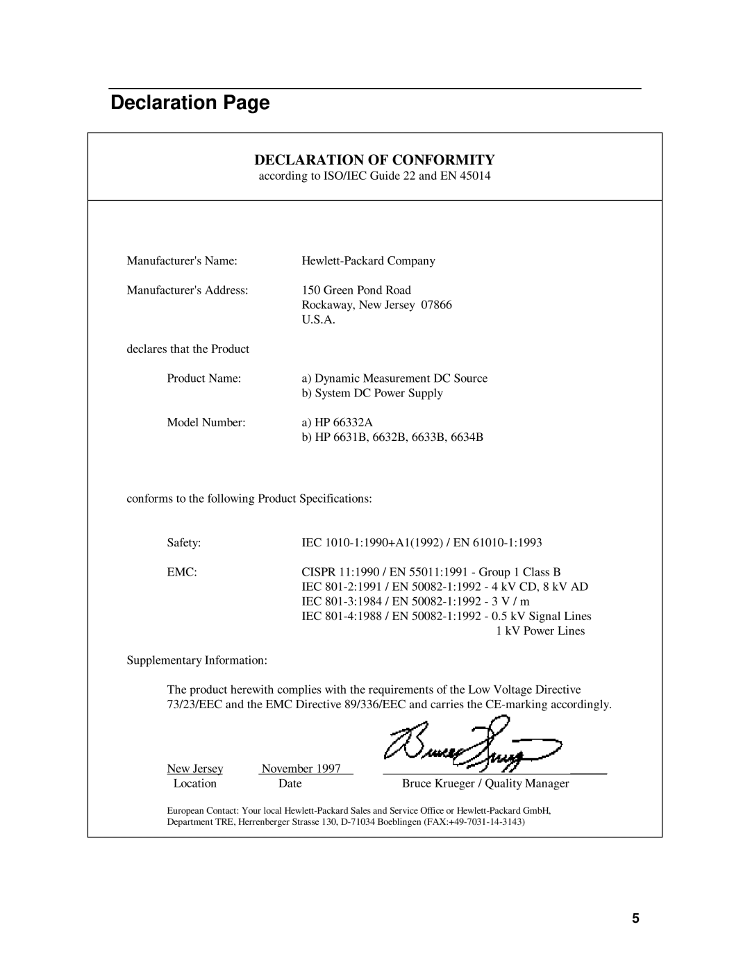 HP 6632B, 6633B, 6631B, 6634B manual Declaration, Emc 