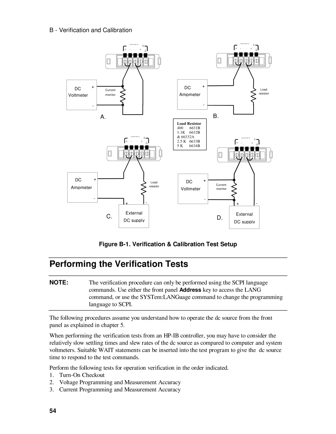 HP 6631B, 6633B, 6632B, 6634B manual Performing the Verification Tests, Figure B-1. Verification & Calibration Test Setup 