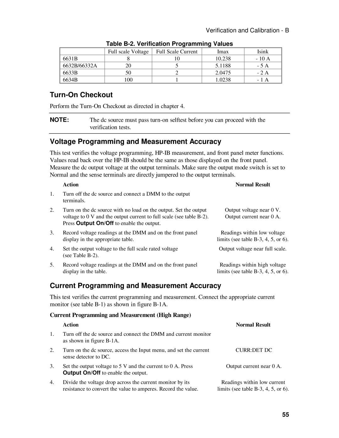 HP 6634B Turn-On Checkout, Voltage Programming and Measurement Accuracy, Current Programming and Measurement Accuracy 